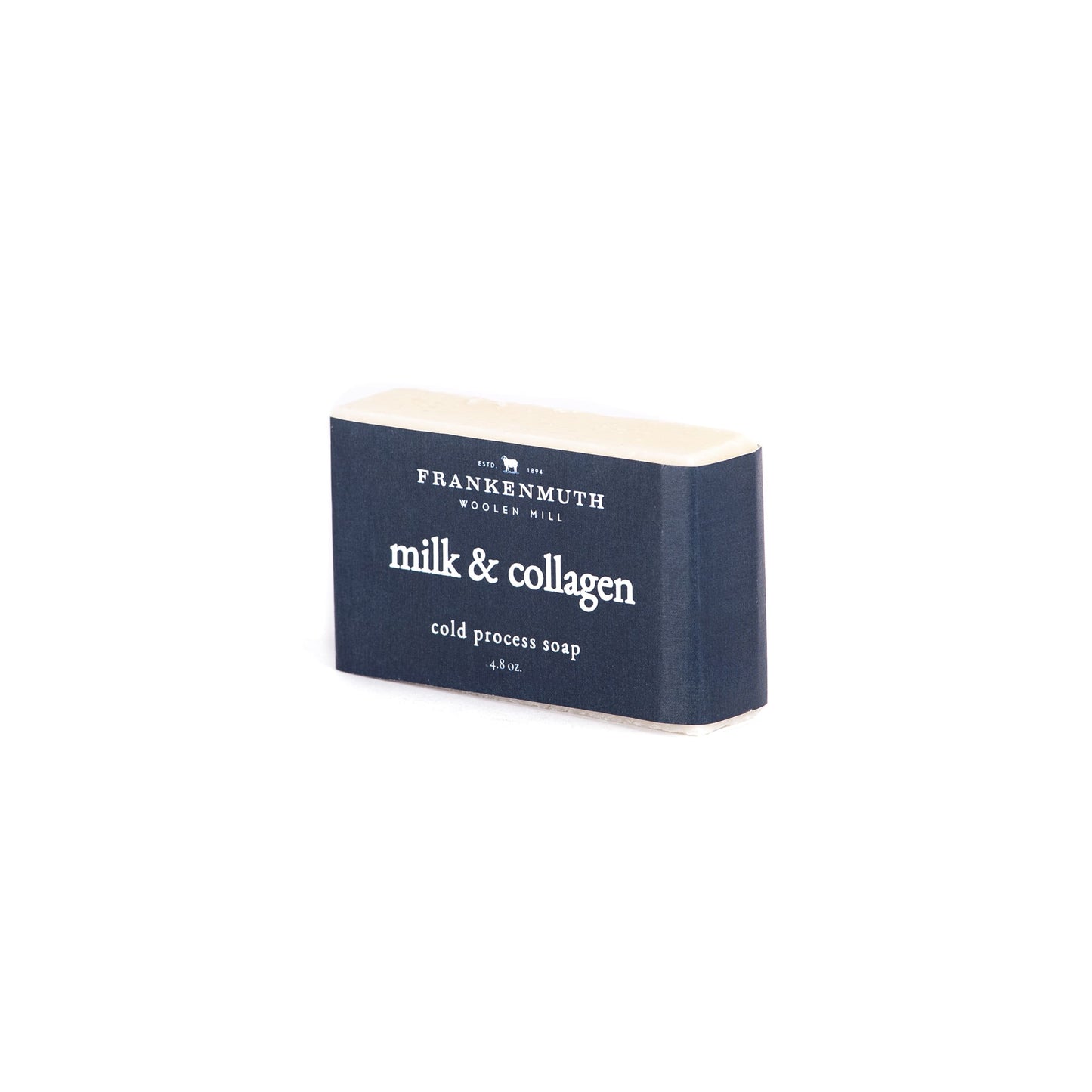 Milk & Collagen soap with Frankenmuth Woolen Mill branding on a white background