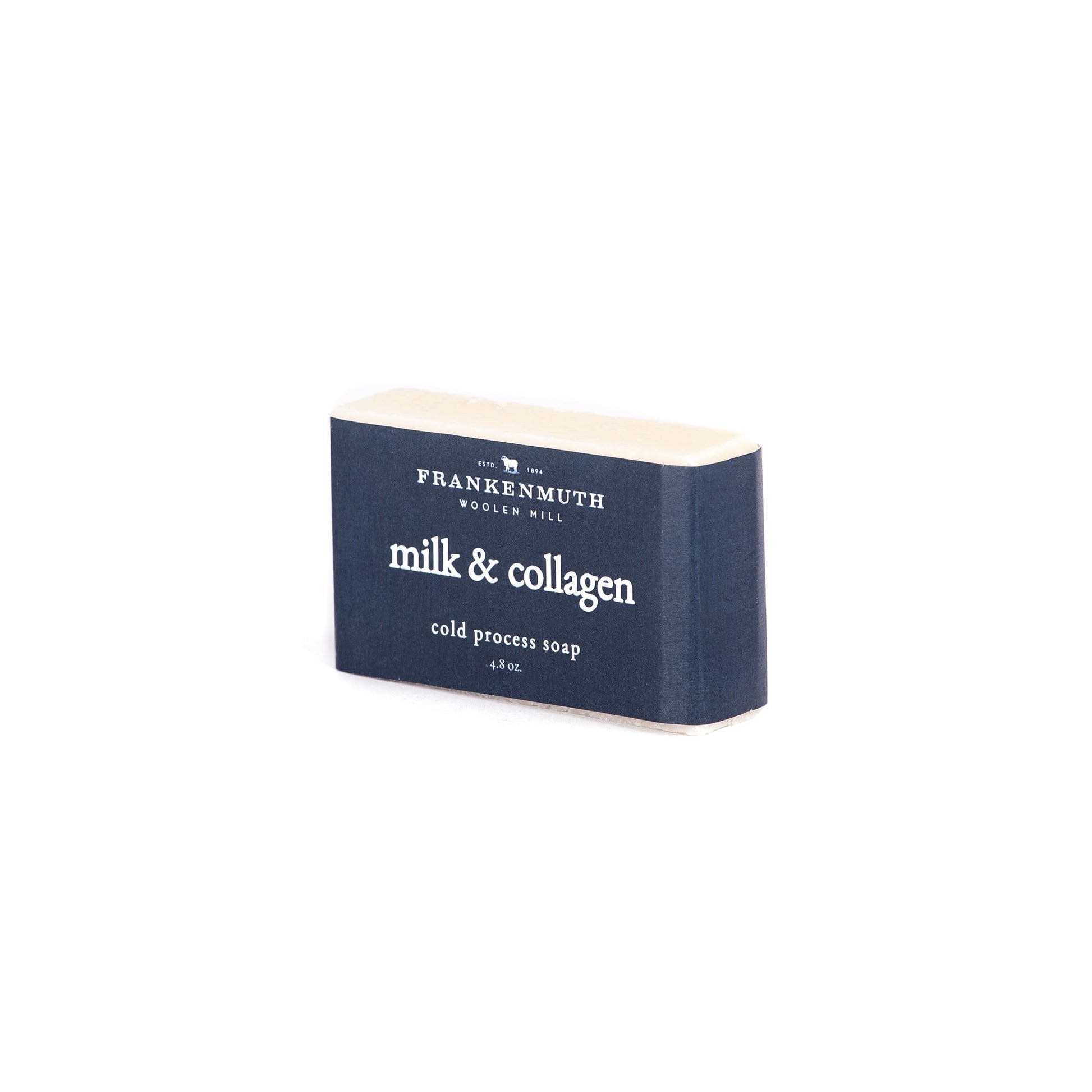 Milk & Collagen soap with Frankenmuth Woolen Mill branding on a white background