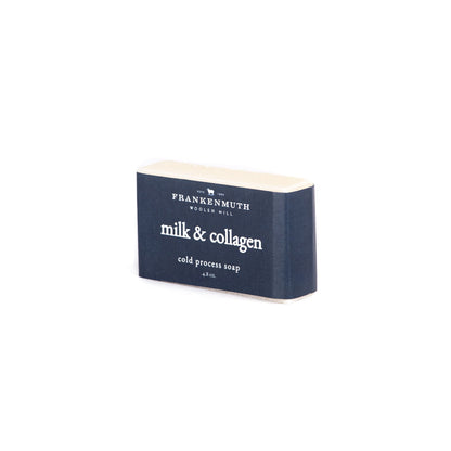 Milk & Collagen soap with Frankenmuth Woolen Mill branding on a white background
