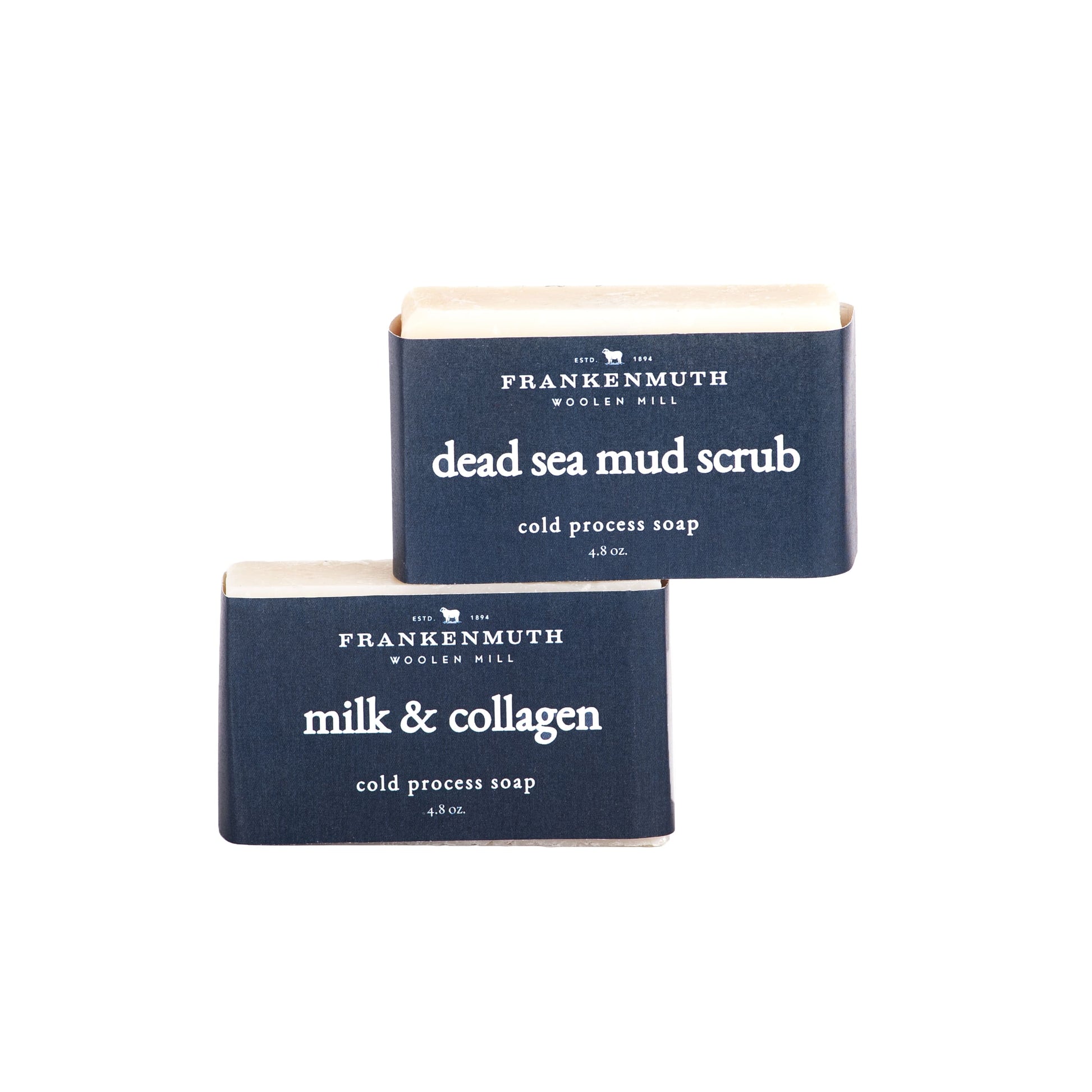 Two bars of soap from Frankenmuth Woollen Mill on a white background