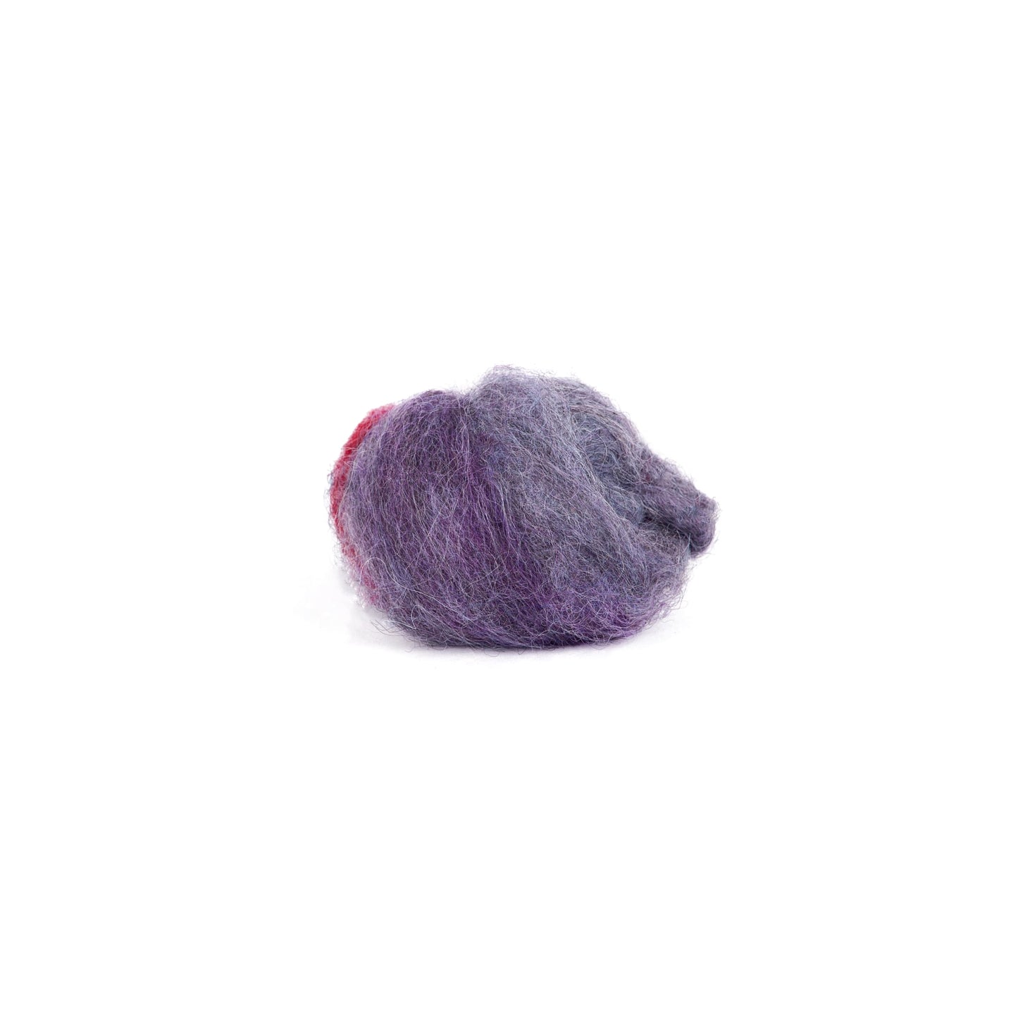 Eggplant colored wool roving on a white background